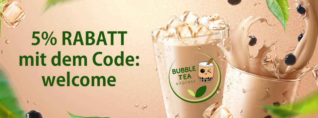 Bubble Tea Gutschein. 5 % Rabatt mit dem Code: welcome. Im Hintergrund zwei Bubble Tea Milchgläser mit Tapioka Perlen