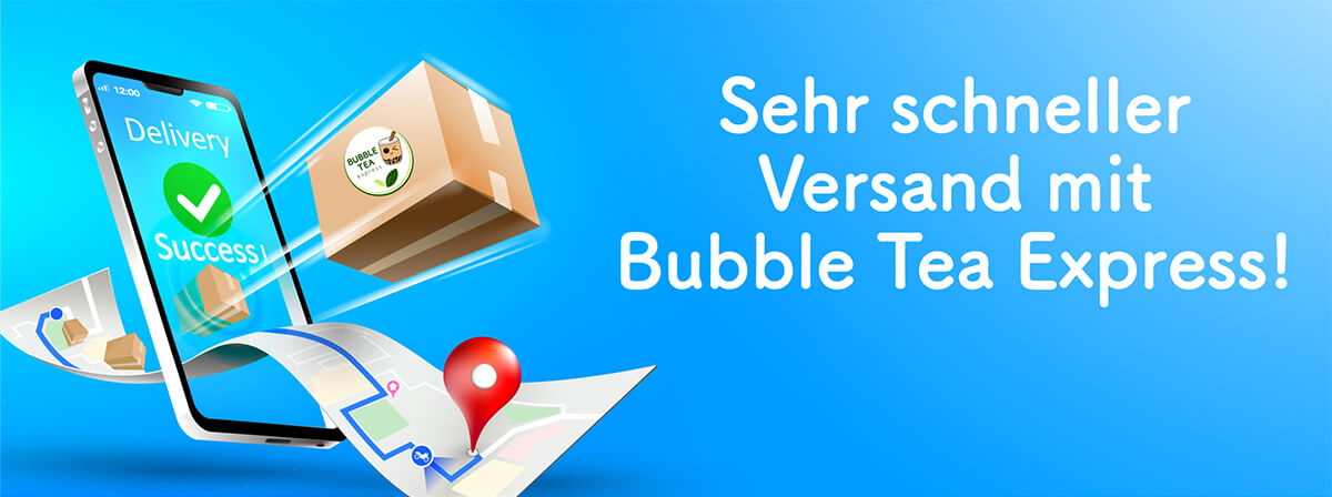 Sehr schneller Versand mit Bubble Tea Express. Eine Illustration von einem Karton und einer Stadtkarte fliegt aus einem Handy